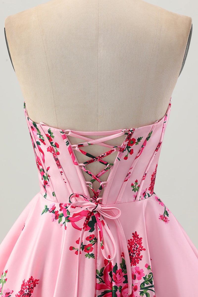 Load image into Gallery viewer, Floral Pink Satin A Line Sweetheart Short Corset Homecoming Dress