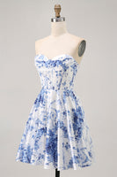 Load image into Gallery viewer, Floral White Blue A Line Short Corset Homecoming Dress