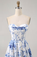 Load image into Gallery viewer, Floral White Blue A Line Short Corset Homecoming Dress