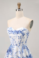 Load image into Gallery viewer, Floral White Blue A Line Short Corset Homecoming Dress