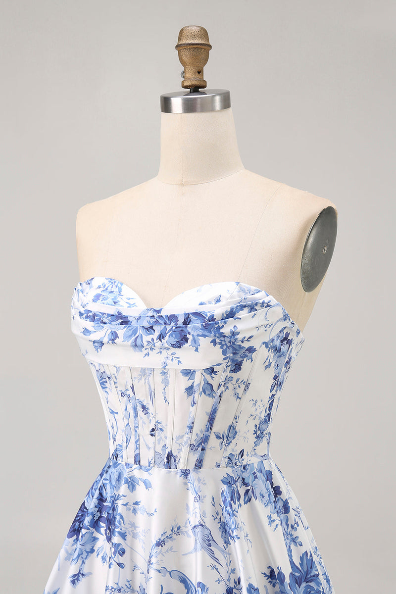 Load image into Gallery viewer, Floral White Blue A Line Short Corset Homecoming Dress