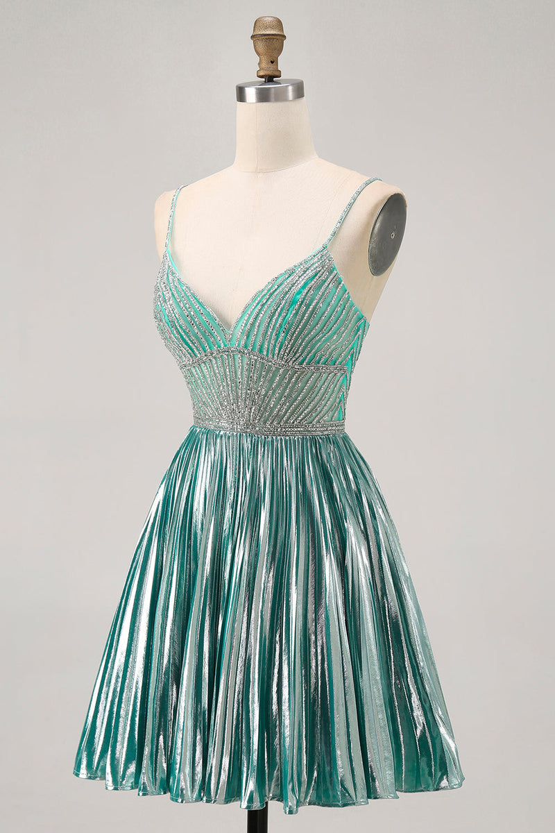 Load image into Gallery viewer, Sparkly Green A Line Metallic Short Homecoming Dress with Beading