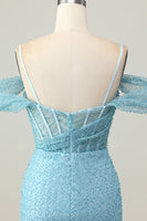 Load image into Gallery viewer, Sparkly Blue Tight Cold Shoulder Ruched Short Corset Homecoming Dress