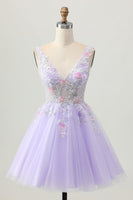 Load image into Gallery viewer, Floral Lilac V-Neck Tulle Short Corset Homecoming Dress with Beading