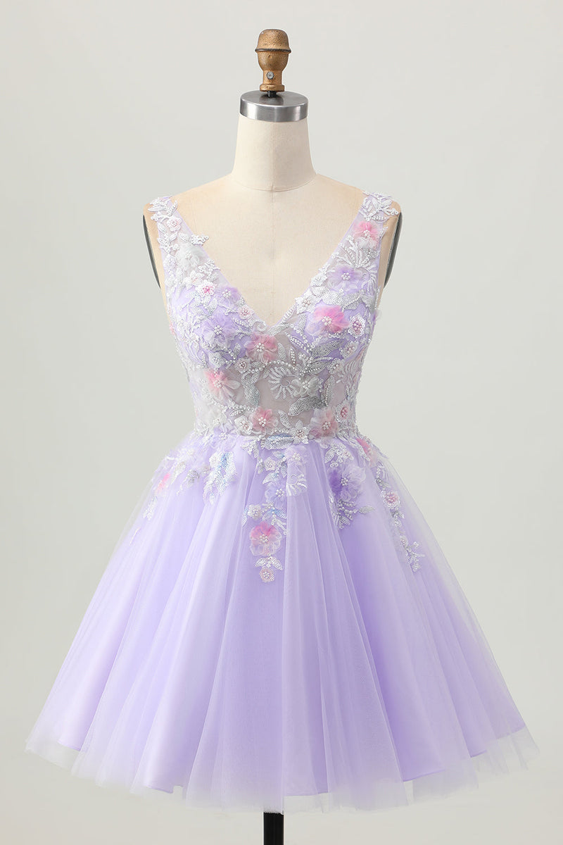 Load image into Gallery viewer, Floral Lilac V-Neck Tulle Short Corset Homecoming Dress with Beading