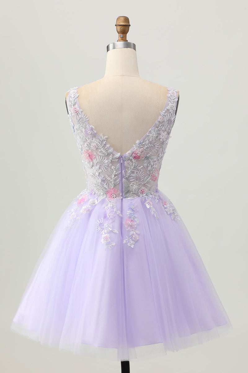 Load image into Gallery viewer, Floral Lilac V-Neck Tulle Short Corset Homecoming Dress with Beading