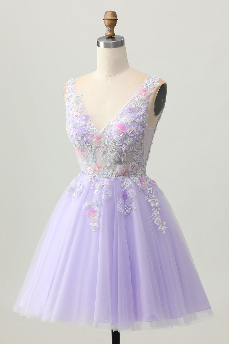 Load image into Gallery viewer, Floral Lilac V-Neck Tulle Short Corset Homecoming Dress with Beading