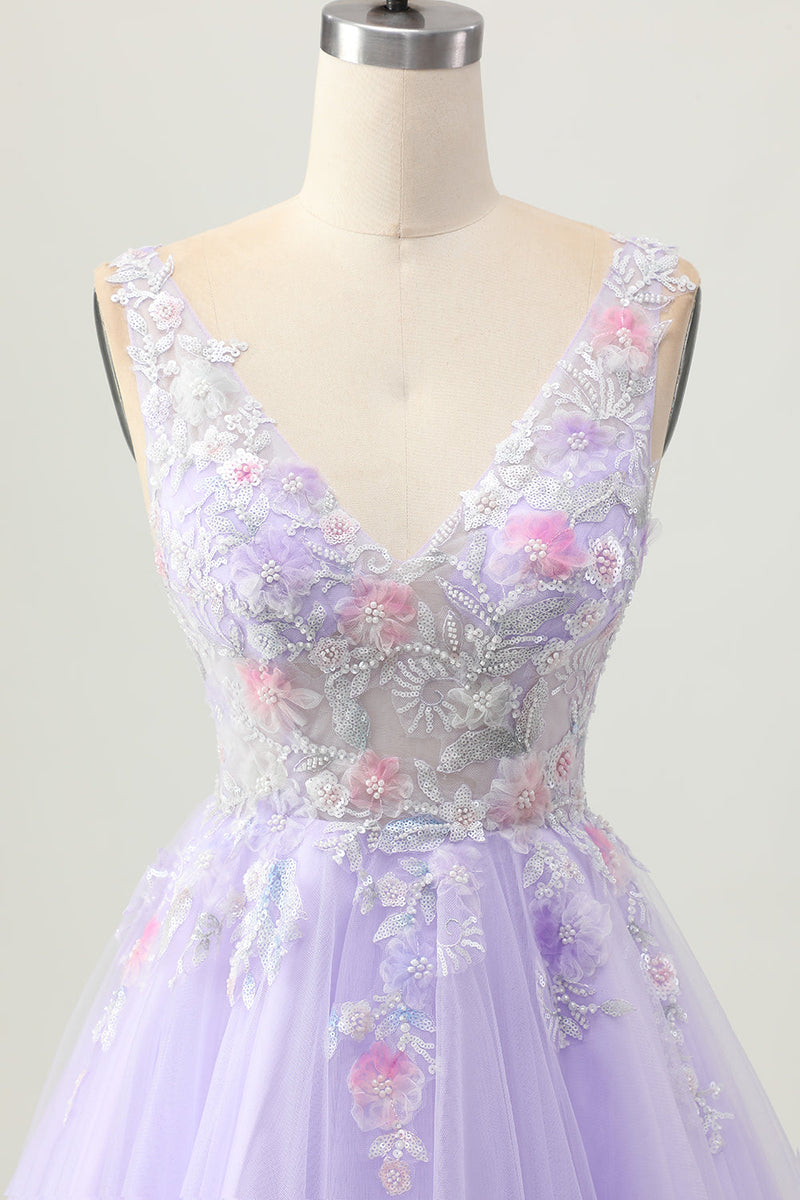 Load image into Gallery viewer, Floral Lilac V-Neck Tulle Short Corset Homecoming Dress with Beading