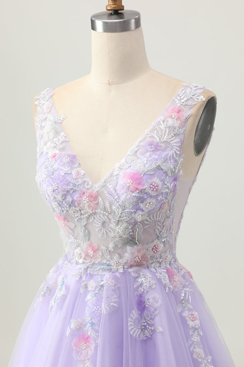 Load image into Gallery viewer, Floral Lilac V-Neck Tulle Short Corset Homecoming Dress with Beading