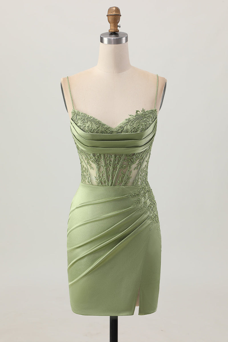 Load image into Gallery viewer, Sage Green Satin Tight Short Corset Homecoming Dress with Lace