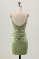 Load image into Gallery viewer, Sage Green Satin Tight Short Corset Homecoming Dress with Lace