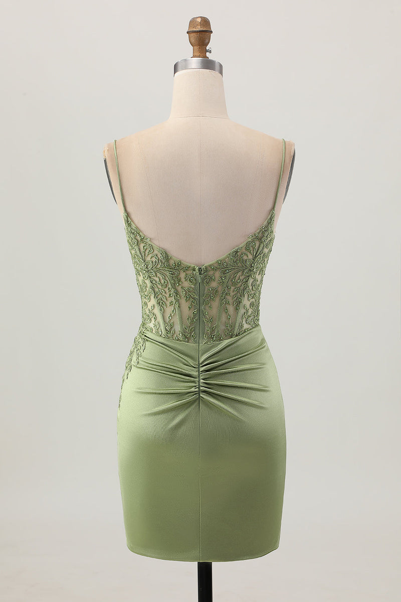 Load image into Gallery viewer, Sage Green Satin Tight Short Corset Homecoming Dress with Lace