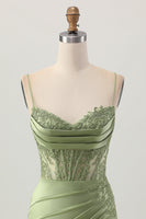 Load image into Gallery viewer, Sage Green Satin Tight Short Corset Homecoming Dress with Lace