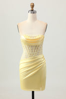 Load image into Gallery viewer, Yellow Tight Strapless Short Corset Homecoming Dress with Lace