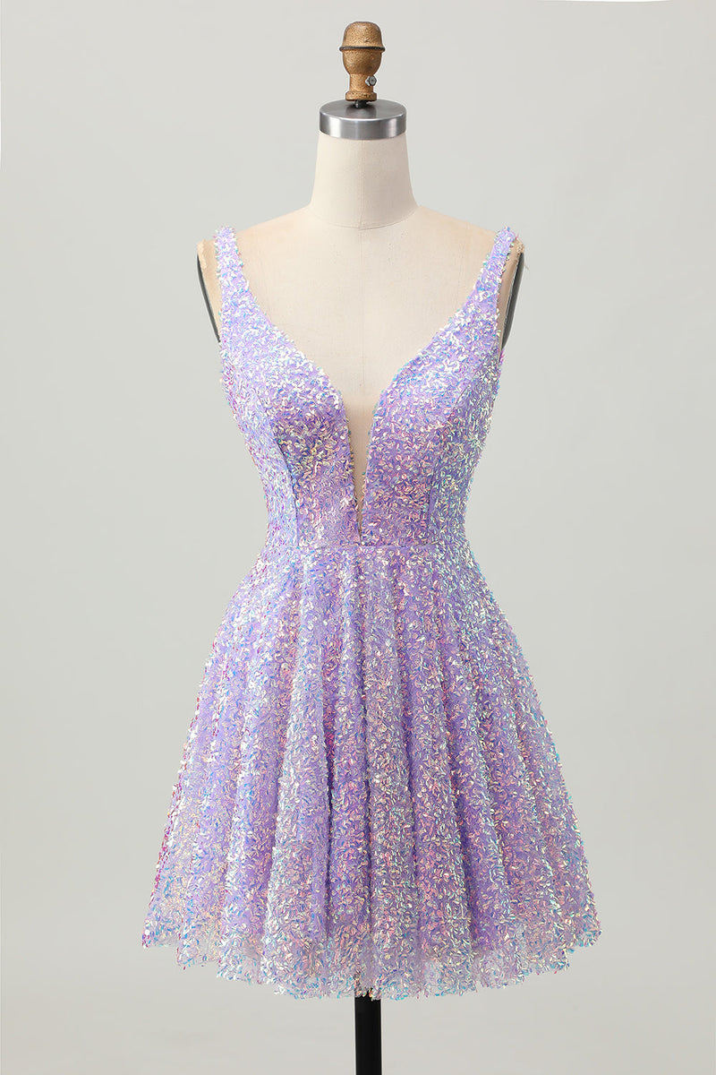 Load image into Gallery viewer, Sparkly Lilac A Line Sequins V-Neck Short Homecoming Dress