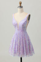 Load image into Gallery viewer, Sparkly Lilac A Line Sequins V-Neck Short Homecoming Dress