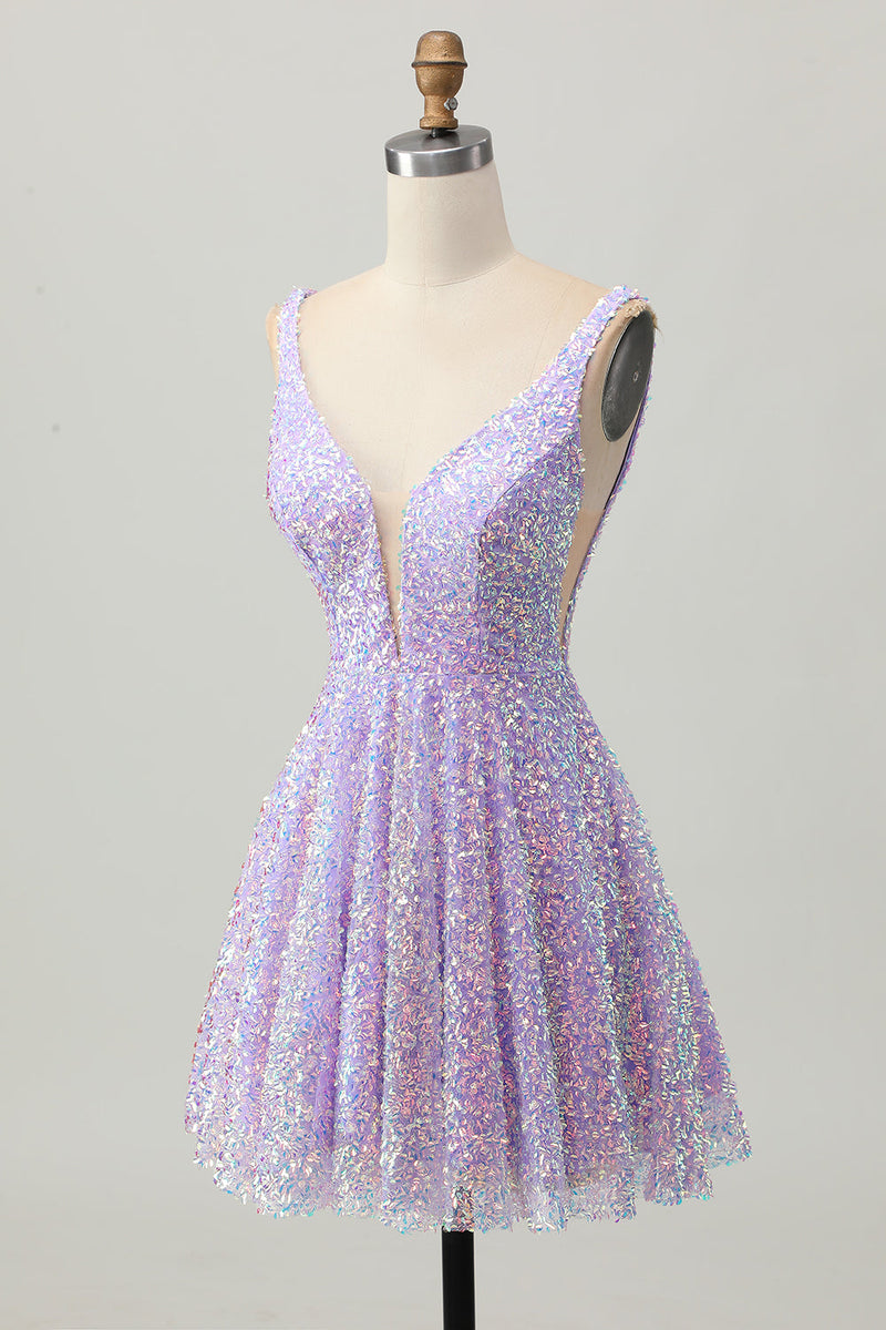 Load image into Gallery viewer, Sparkly Lilac A Line Sequins V-Neck Short Homecoming Dress