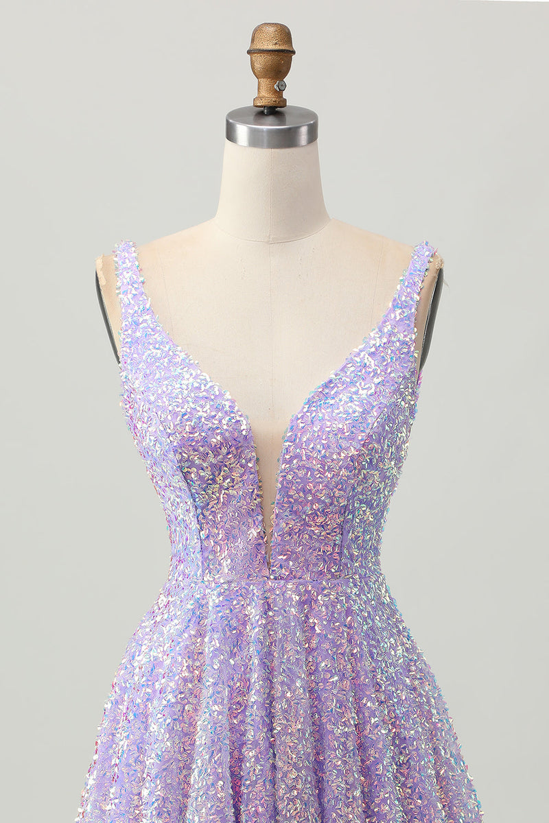 Load image into Gallery viewer, Sparkly Lilac A Line Sequins V-Neck Short Homecoming Dress