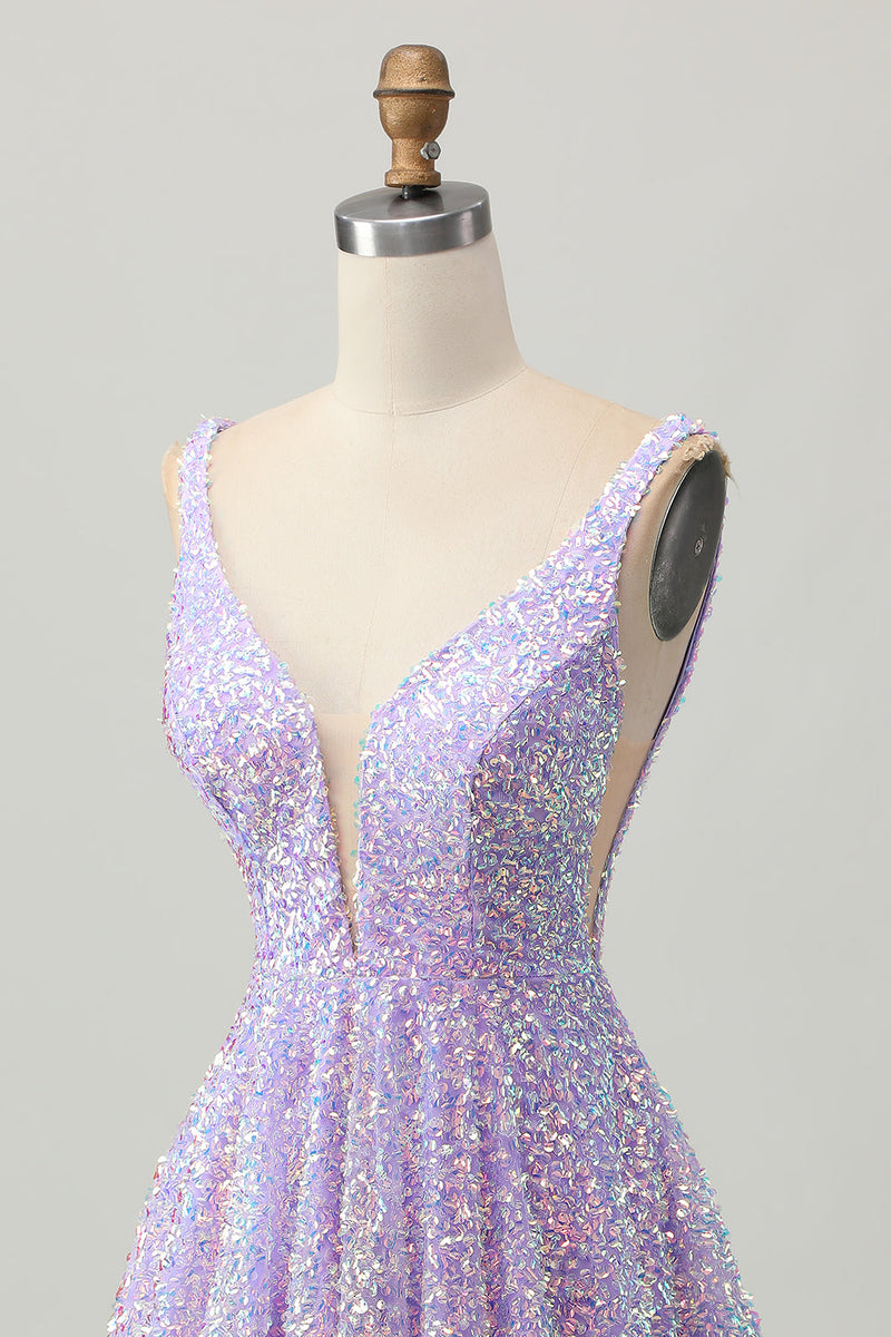Load image into Gallery viewer, Sparkly Lilac A Line Sequins V-Neck Short Homecoming Dress