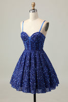 Load image into Gallery viewer, Sparkly Dark Blue A Line Sequins Short Corset Homecoming Dress