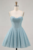 Load image into Gallery viewer, Grey Blue Spaghetti Straps A Line Short Corset Homecoming Dress