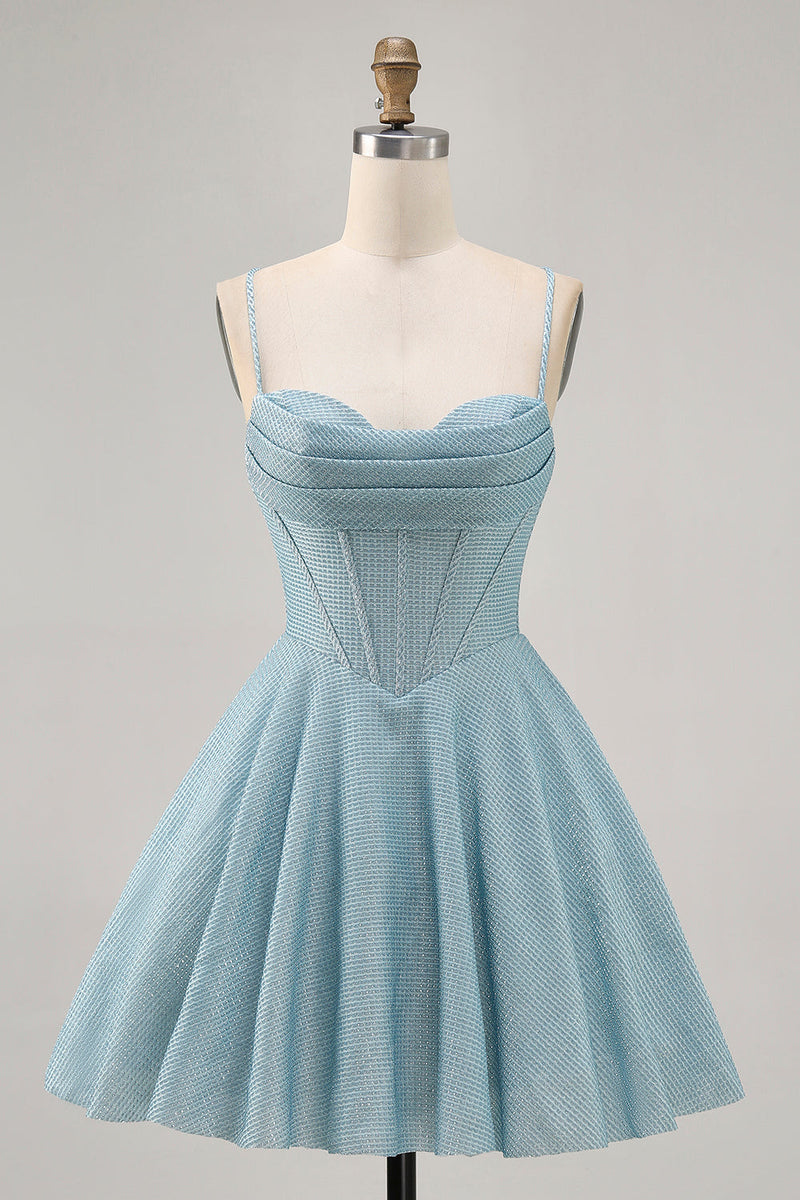 Load image into Gallery viewer, Grey Blue Spaghetti Straps A Line Short Corset Homecoming Dress