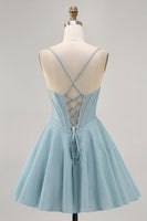 Load image into Gallery viewer, Grey Blue Spaghetti Straps A Line Short Corset Homecoming Dress
