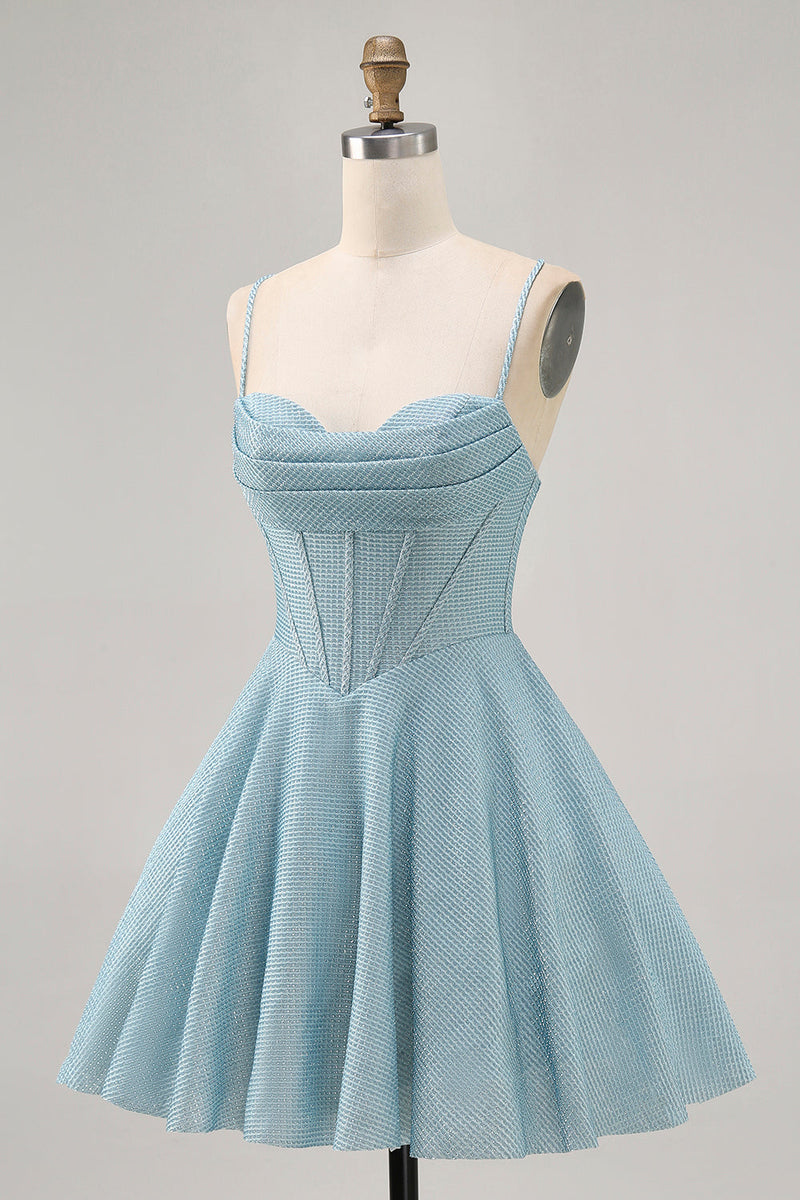 Load image into Gallery viewer, Grey Blue Spaghetti Straps A Line Short Corset Homecoming Dress