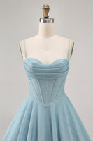Load image into Gallery viewer, Grey Blue Spaghetti Straps A Line Short Corset Homecoming Dress