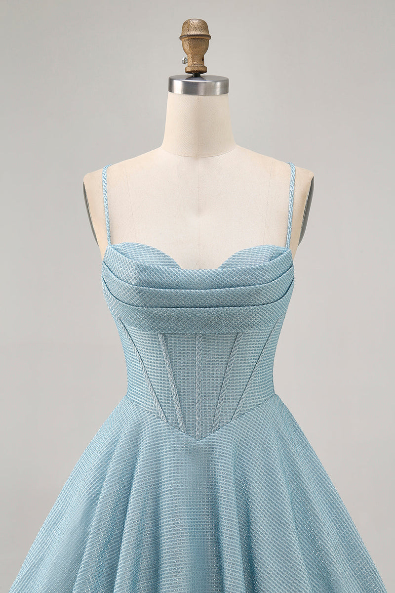 Load image into Gallery viewer, Grey Blue Spaghetti Straps A Line Short Corset Homecoming Dress