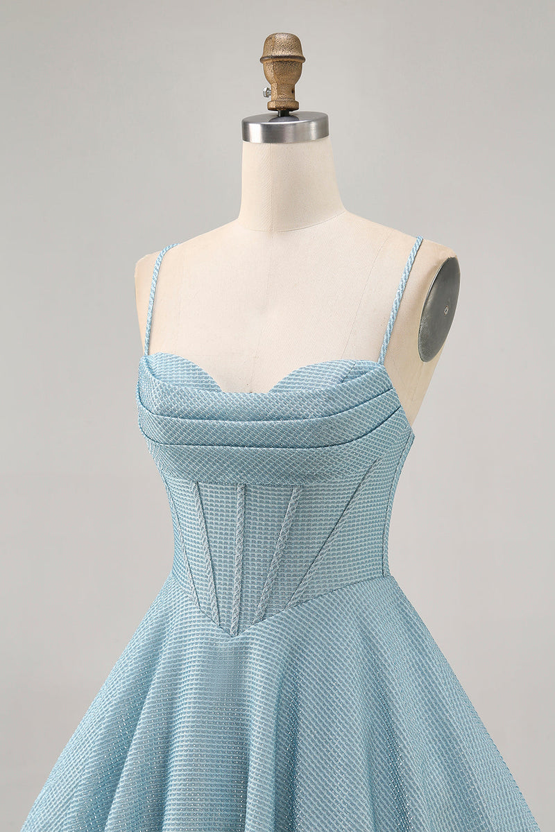 Load image into Gallery viewer, Grey Blue Spaghetti Straps A Line Short Corset Homecoming Dress