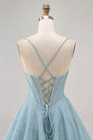 Load image into Gallery viewer, Grey Blue Spaghetti Straps A Line Short Corset Homecoming Dress