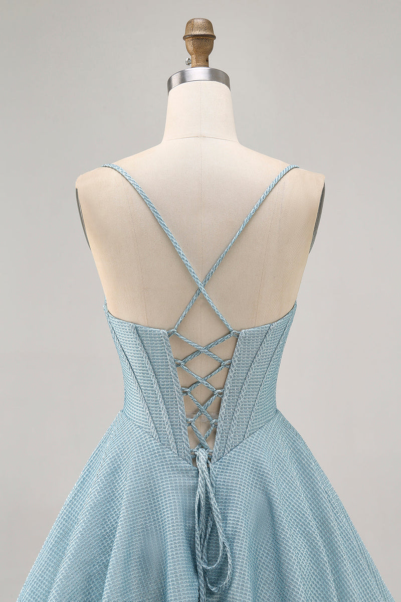Load image into Gallery viewer, Grey Blue Spaghetti Straps A Line Short Corset Homecoming Dress