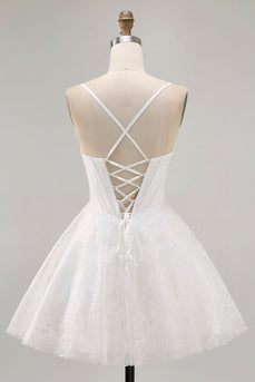 White Spaghetti Straps Short Corset Homecoming Dress with Lace
