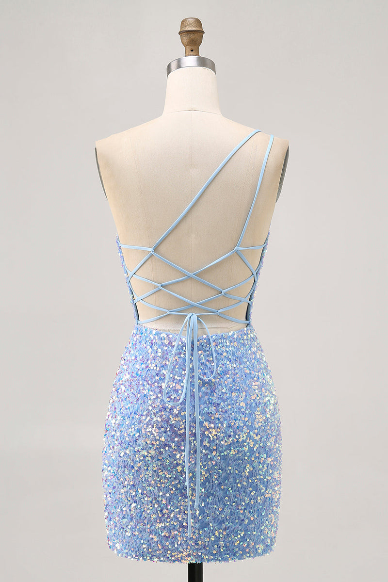 Load image into Gallery viewer, Sparkly Blue Sequins Tight One Shoulder Short Homecoming Dress