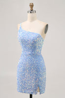 Load image into Gallery viewer, Sparkly Blue Sequins Tight One Shoulder Short Homecoming Dress
