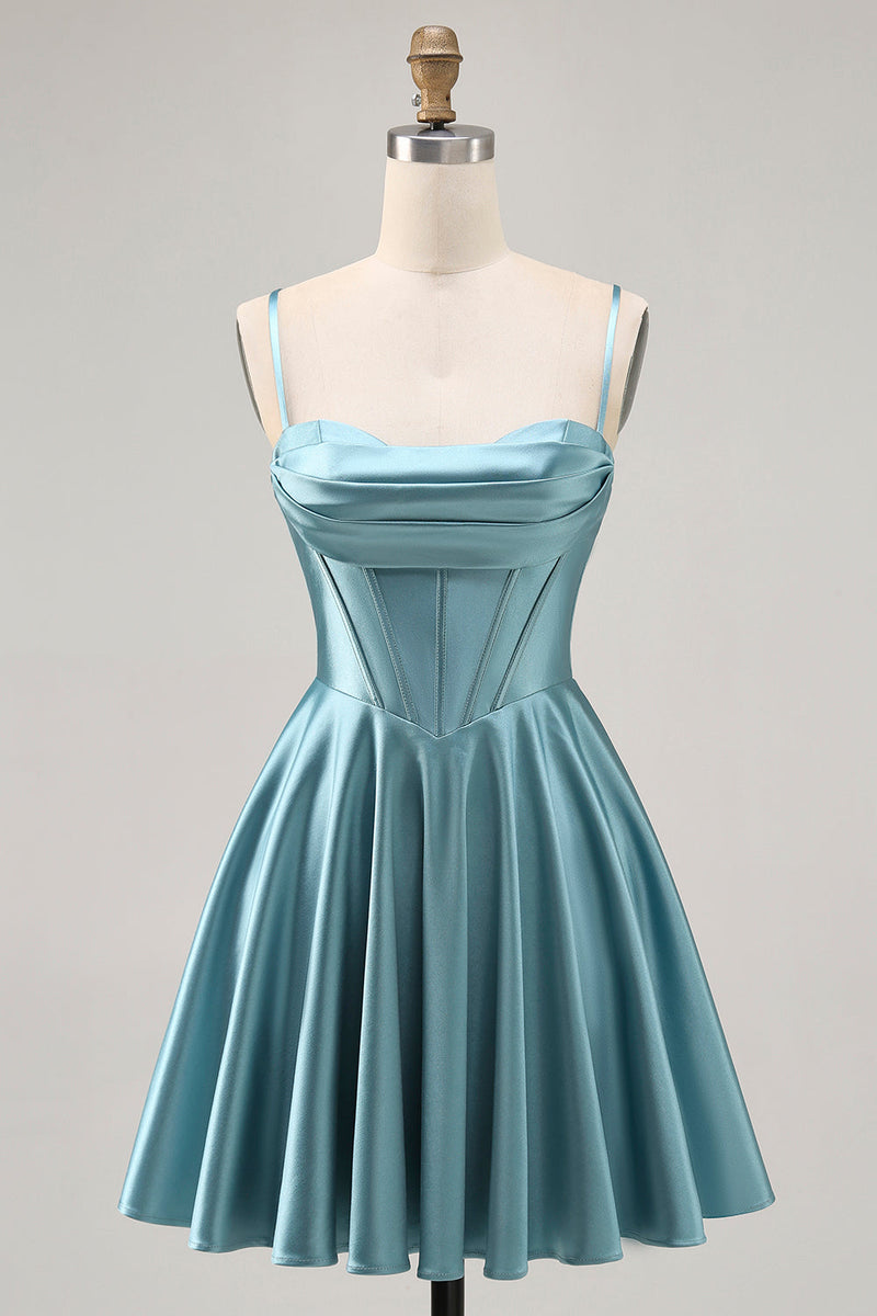 Load image into Gallery viewer, Grey Green Satin A Line Ruched Short Corset Homecoming Dress