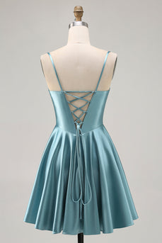 Grey Green Satin A Line Ruched Short Corset Homecoming Dress
