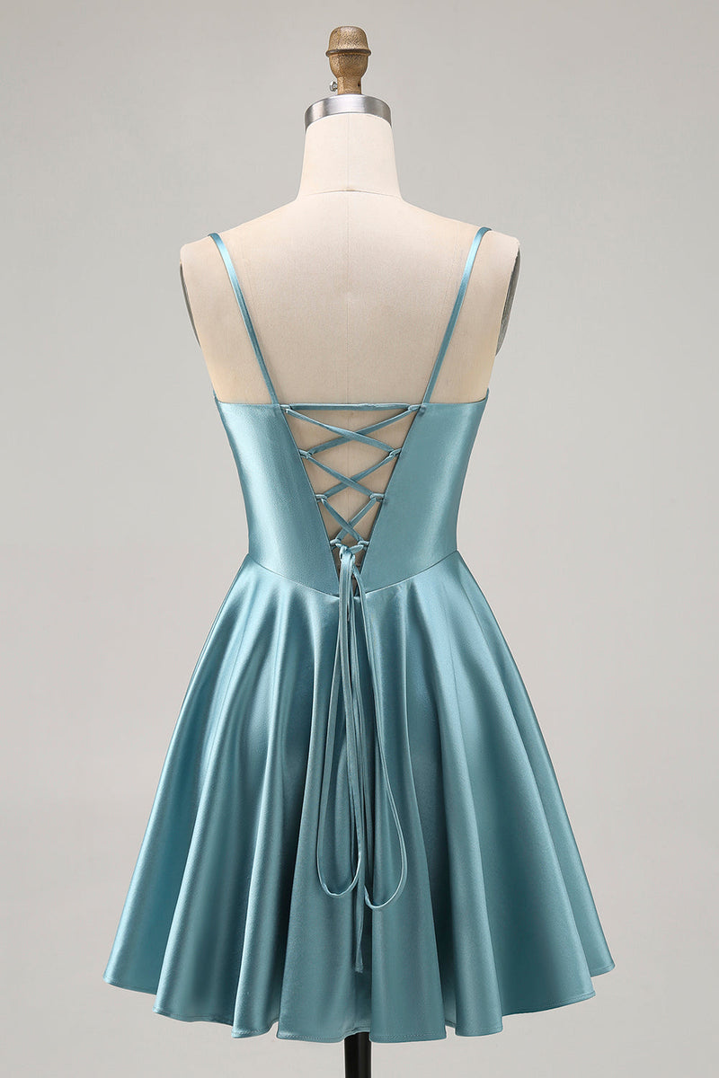 Load image into Gallery viewer, Grey Green Satin A Line Ruched Short Corset Homecoming Dress