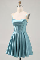 Load image into Gallery viewer, Grey Green Satin A Line Ruched Short Corset Homecoming Dress
