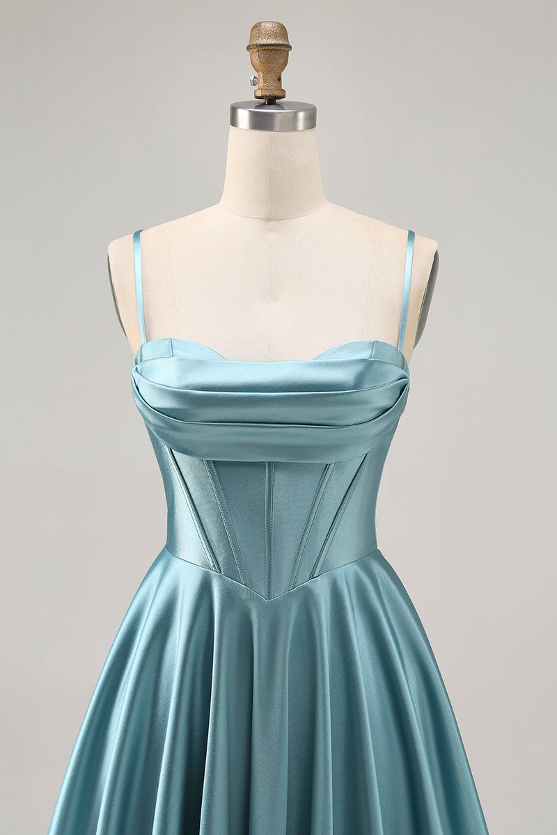 Load image into Gallery viewer, Grey Green Satin A Line Ruched Short Corset Homecoming Dress