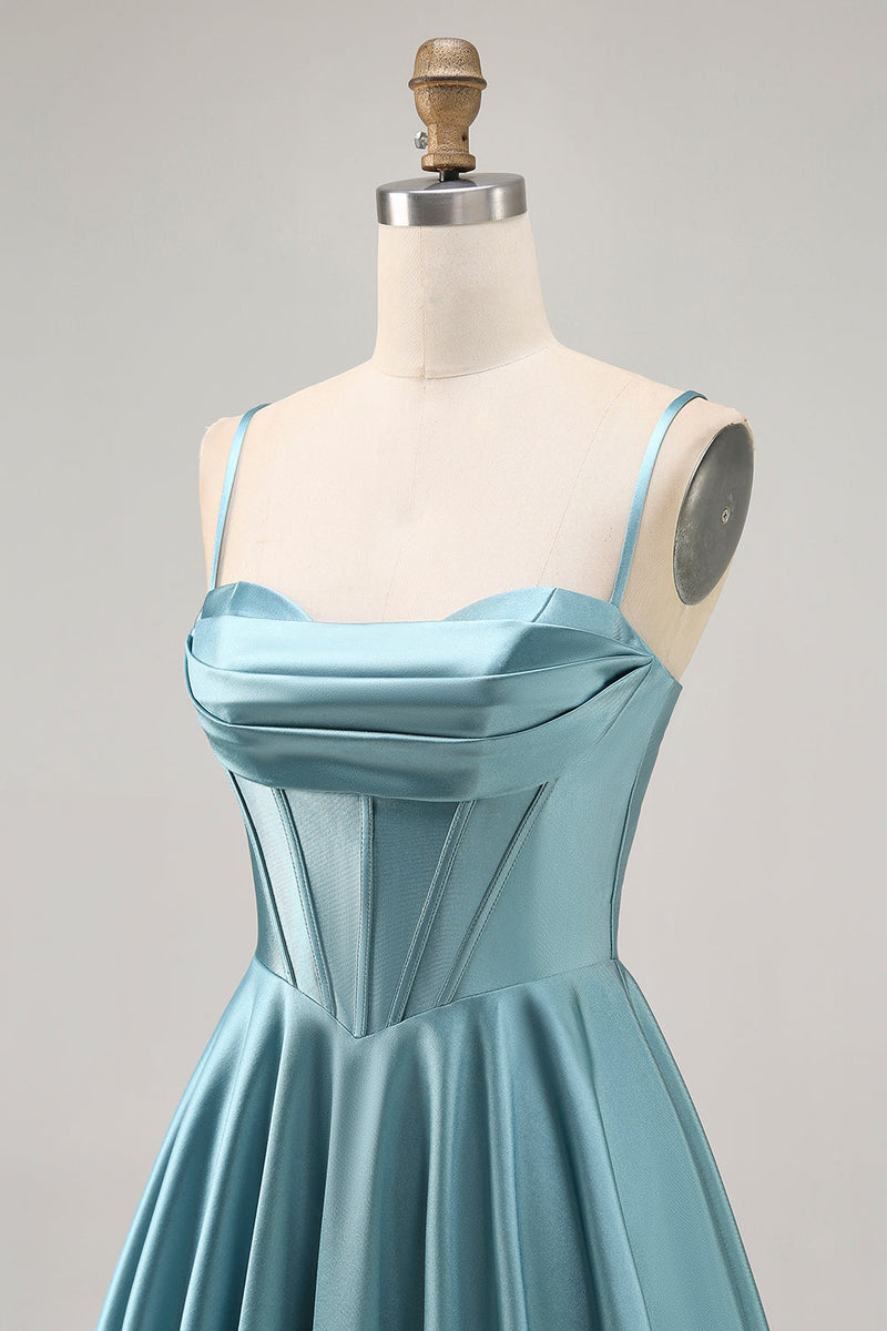 Load image into Gallery viewer, Grey Green Satin A Line Ruched Short Corset Homecoming Dress