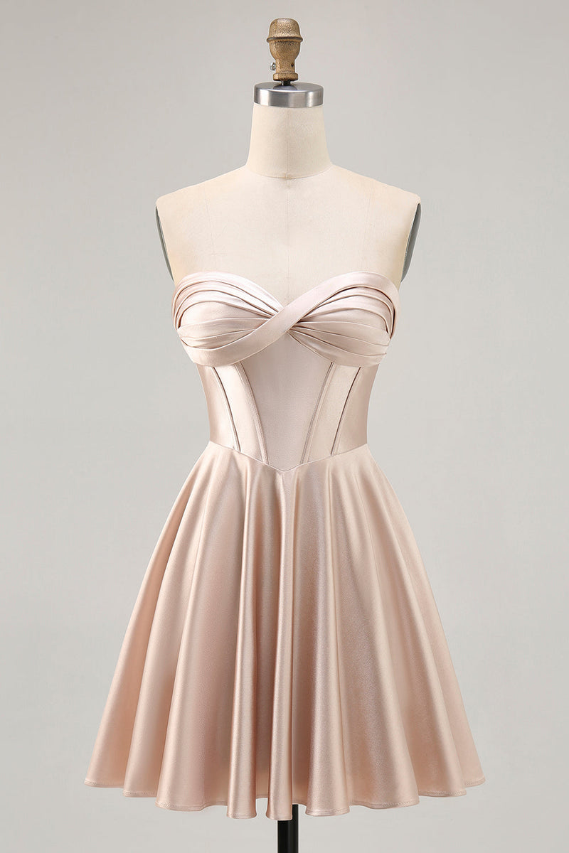 Load image into Gallery viewer, Champagne Sweetheart Satin Short Corset Homecoming Dress