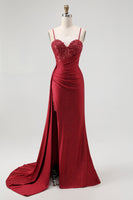 Load image into Gallery viewer, Sparkly Burgundy Mermaid Ruched Long Corset Prom Dress with Beading