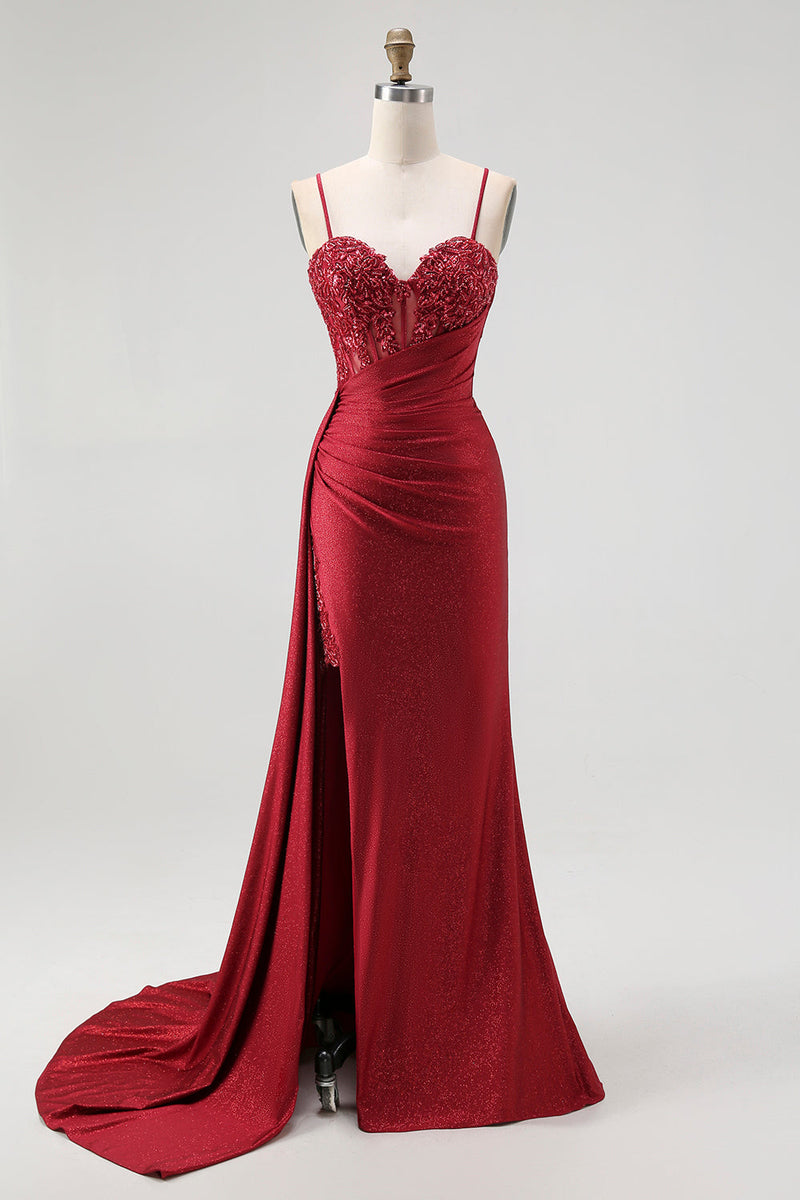 Load image into Gallery viewer, Sparkly Burgundy Mermaid Ruched Long Corset Prom Dress with Beading