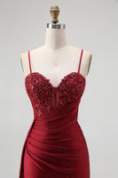 Load image into Gallery viewer, Sparkly Burgundy Mermaid Ruched Long Corset Prom Dress with Beading
