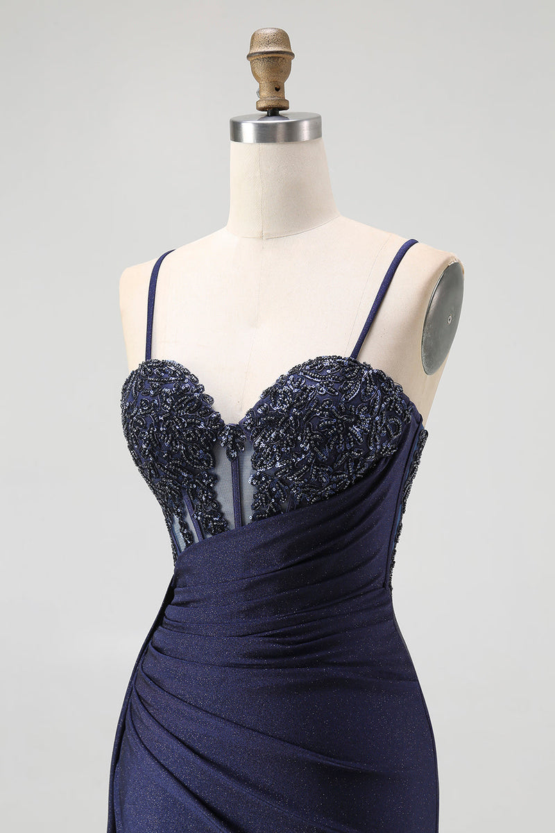 Load image into Gallery viewer, Sparkly Burgundy Mermaid Ruched Long Corset Prom Dress with Beading