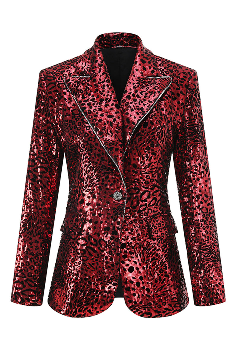 Load image into Gallery viewer, Sparkly Red Leopard 2 Piece Sequin Peak Lapel Women Prom Suits