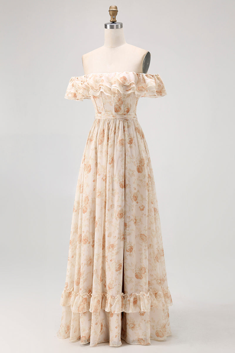 Load image into Gallery viewer, Floral Champagne A Line Off The Shoulder Ruffled Long Bridesmaid Dress with Bow