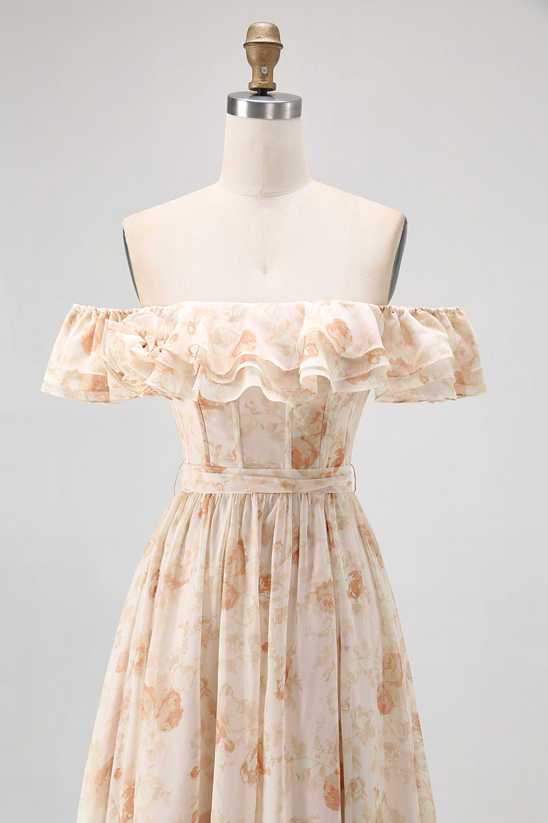 Load image into Gallery viewer, Floral Champagne A Line Off The Shoulder Ruffled Long Bridesmaid Dress with Bow
